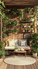 Cozy outdoor lounge with wooden furniture and vertical garden.