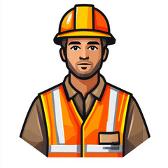 A minimalist pictogram of a construction worker wearing an orange safety vest and hard hat, clean black lines.