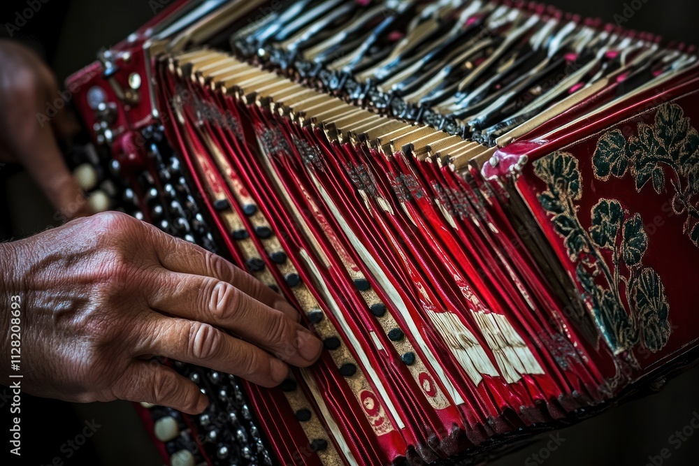 Poster A close-up of a hand playing a colorful accordion, showcasing its keys and intricate design.