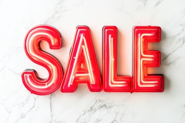 Bright red neon SALE sign against a marble background, perfect for promoting discounts or sales in retail environments, marketing materials, or online promotions showcasing limited-time offers,