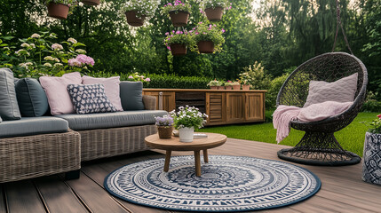 Obraz premium Stylish outdoor patio with wicker furniture, hanging flowers, and garden view.