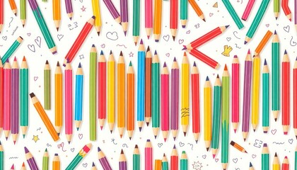 pattern of colored pencils arranged in various directions against a white background. The pencils come in a variety of colors, including red, orange, yellow, green, blue, and pink, creating a cheerful