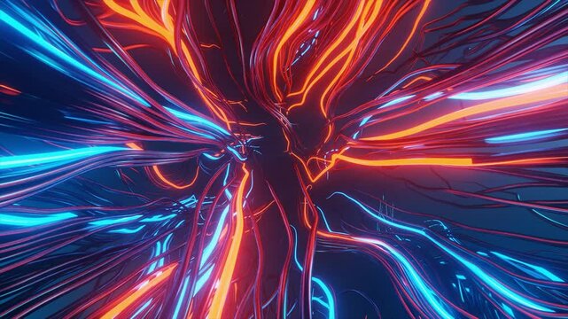 Abstract 3D neon background. Flying through lightning tunnel. Blue and red energy electricity cables. Streams of data. Connection concept. Seamless loop animation. 4K 30 fps video