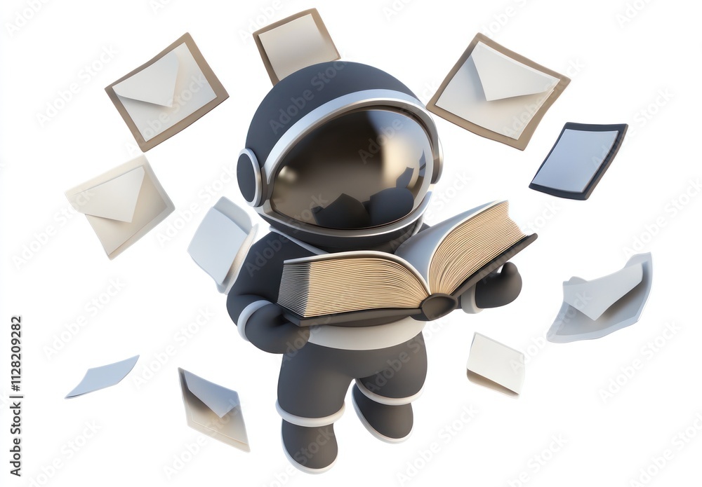 Poster an astronaut reading a book surrounded by floating papers.