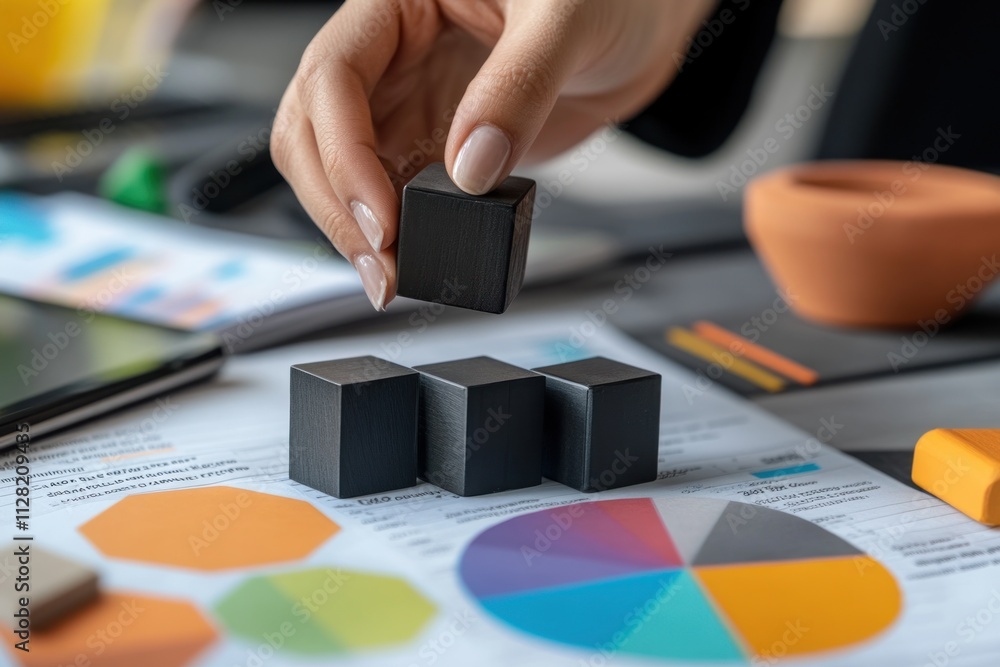 Poster A hand places black blocks on a chart with colorful shapes and data analysis.