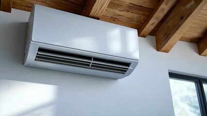 Modern air conditioner mounted on wall in a stylish room with wooden ceiling.
