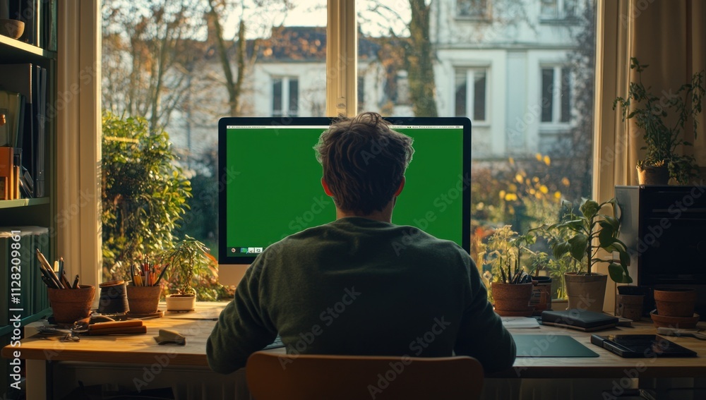 Poster a person working at a desk with a green screen computer, surrounded by plants.