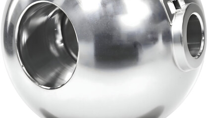 High-Precision Machined Stainless Steel Sphere with Central Bore, Industrial Component, Manufacturing Detail, Polished Metal Surface, Engineering Design