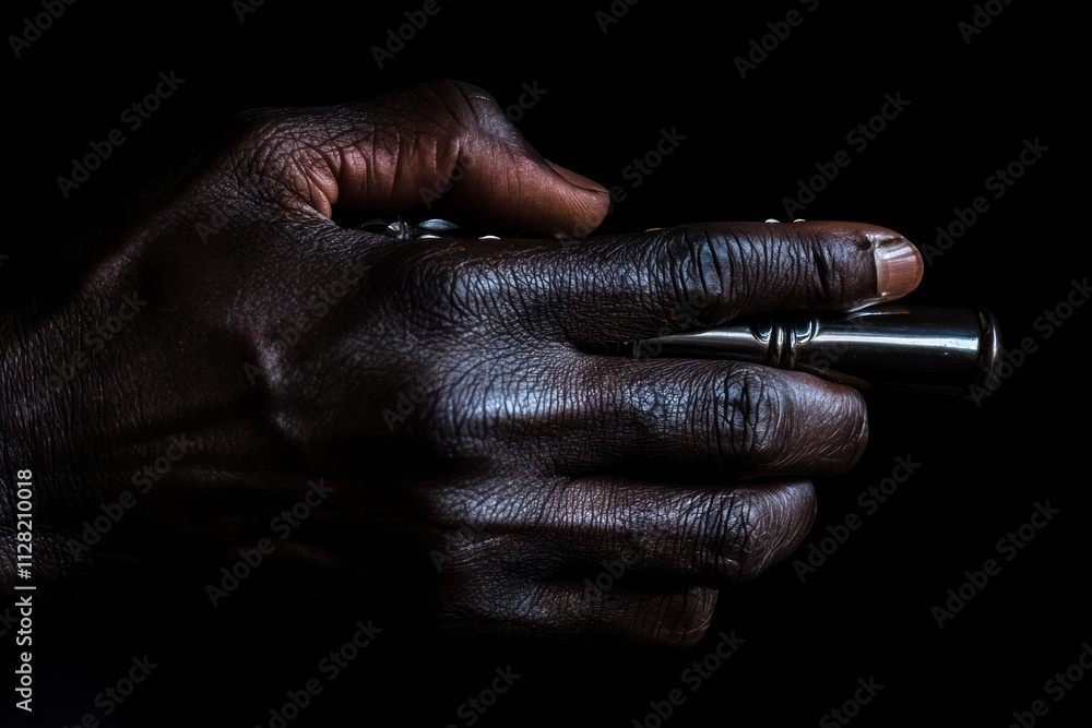 Poster a close-up of a hand holding a metallic object against a dark background.