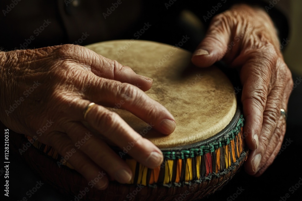 Poster close-up of hands resting on a drum, highlighting texture and craftsmanship.