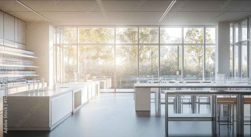 Aufkleber modern laboratory space with large windows and natural light, designed for scientific work.
