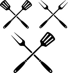Grill. Tools for grilling. Grill fork, kitchen spatula, bbq tools. Design element for logo, label, sign, poster, flyer. Vector illustration