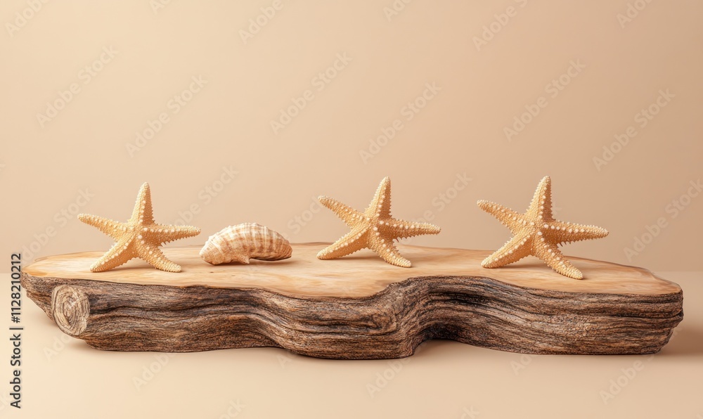 Poster Decorative display of starfish and a shell on a wooden base against a neutral background.