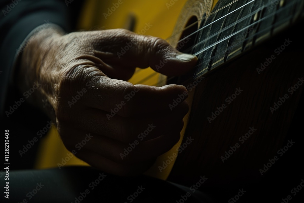 Poster a close-up of a hand playing a guitar, emphasizing the artistry of music creation.