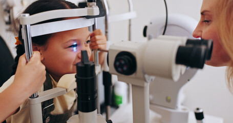 Doctor, child and eye care examination with ophthalmoscope for retina assessment or ocular health....