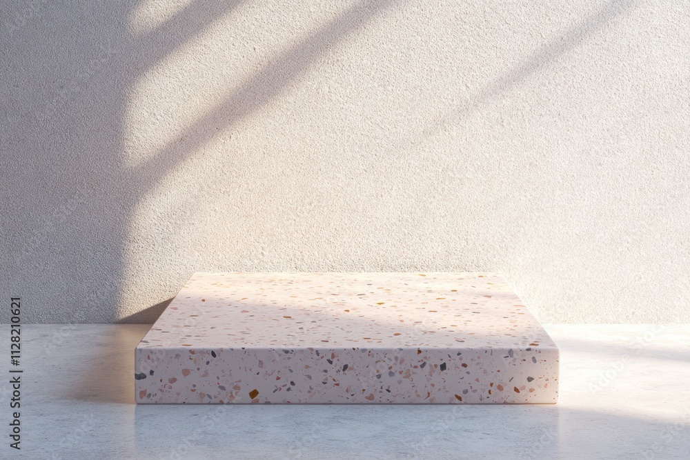 Poster A minimalist display platform with a textured surface and soft shadows against a light wall.