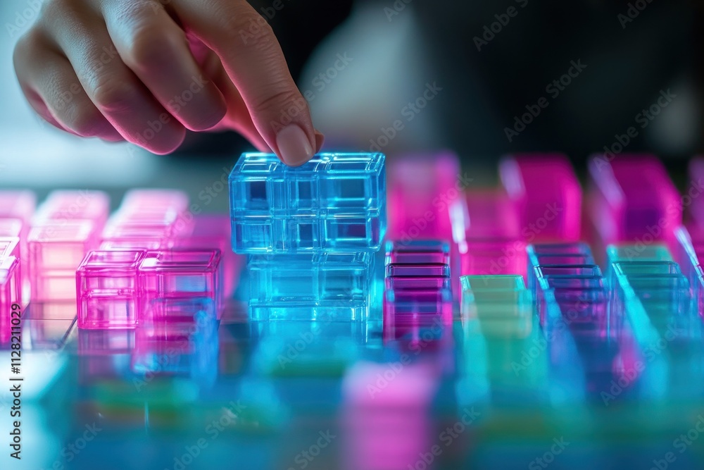 Leinwandbilder a hand placing a transparent block on a colorful arrangement of blocks.