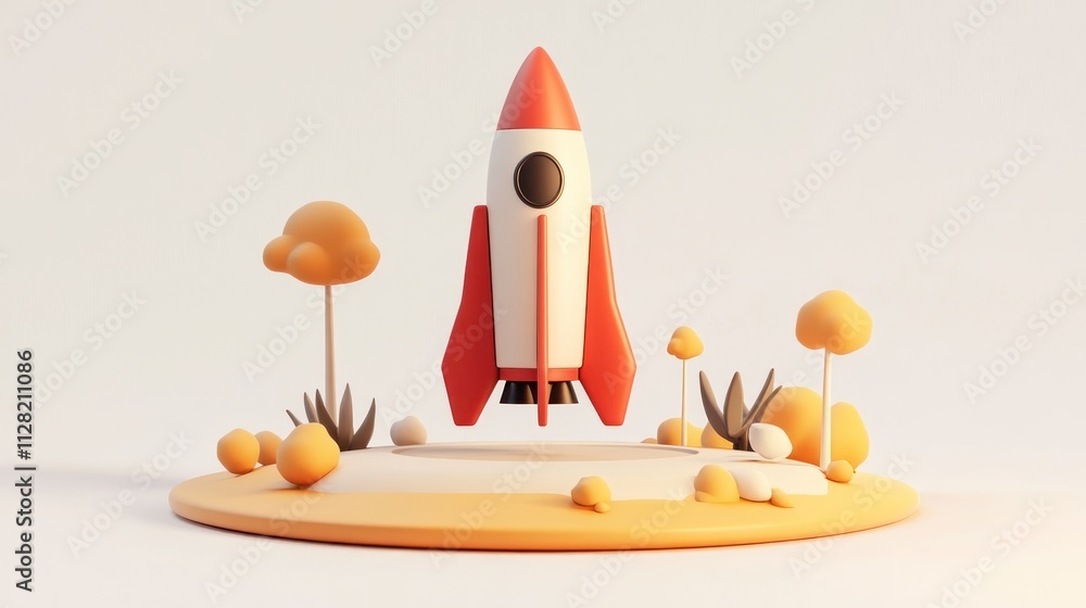 Aufkleber a stylized rocket model in a colorful, minimalistic landscape with trees and bushes.