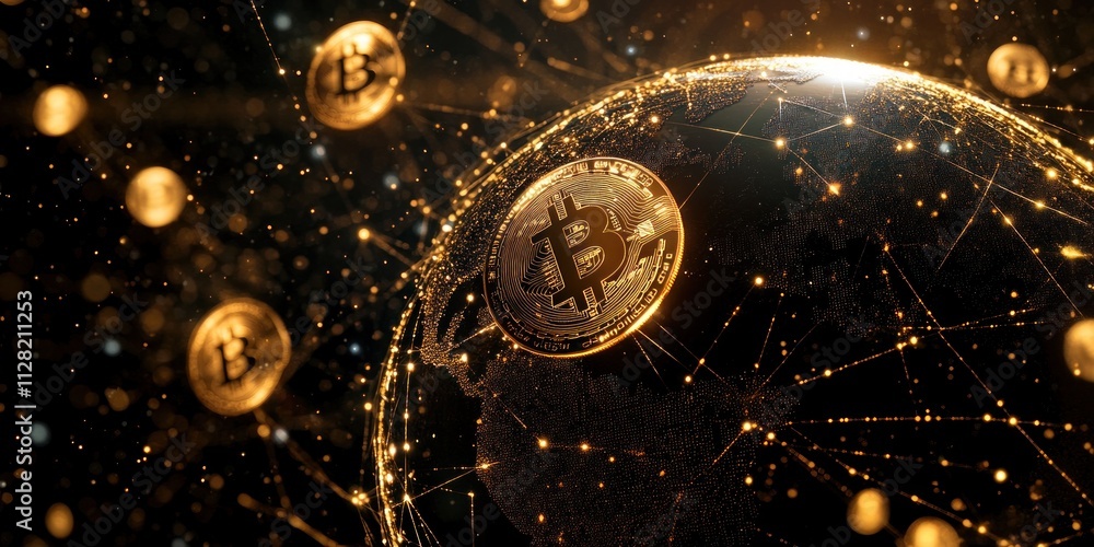 Poster a digital representation of bitcoin orbiting a globe, symbolizing global cryptocurrency influence.