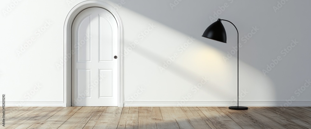Poster a minimalist interior featuring a door and a standing lamp, creating a serene atmosphere.