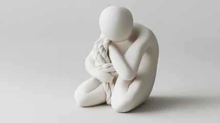 A minimalist sculpture of a figure in a crouched position, conveying emotion and vulnerability.