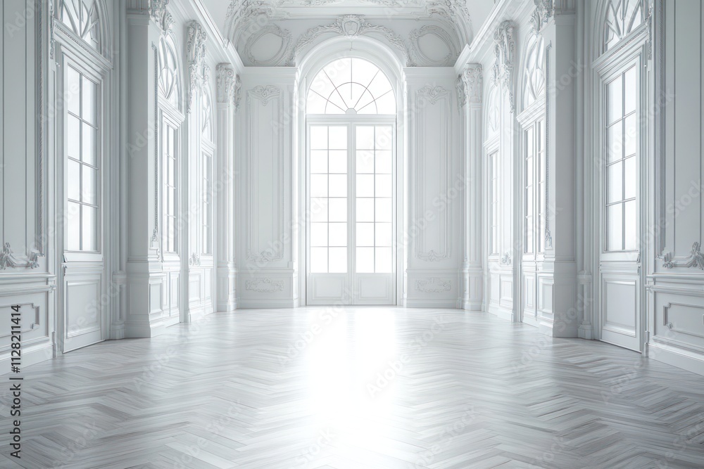 Poster A spacious, elegantly designed room with large windows and intricate architectural details.