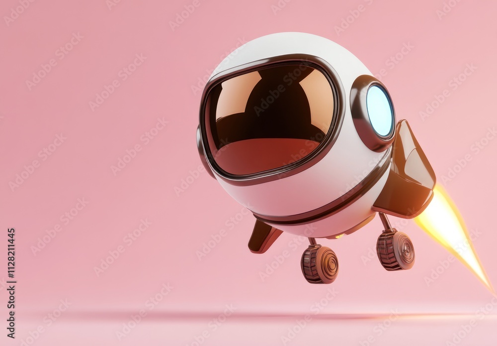 Poster a small, futuristic rocket-shaped character with wheels and a jet flame, set against a pink backgrou