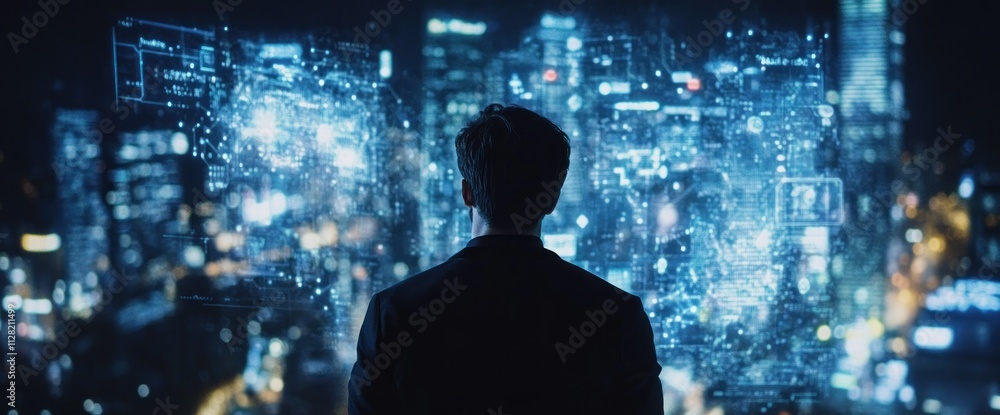 Aufkleber a person gazes at a futuristic cityscape filled with digital data and technology visuals.