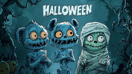 A festive invitation banner for a costume bash features amusing cartoon creatures like a zombie, werewolf, and mummy, promising a night of thrilling music and spooky entertainment.