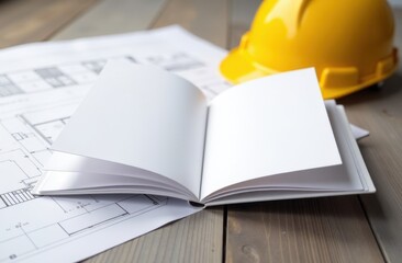 Mock up for construction business: open book with blank white sheets on table surrounded by construction drawings, papers, construction helmet. In the background is the office of a builder, designer, 