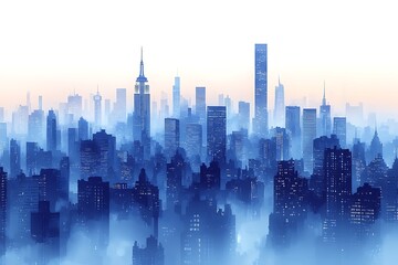 Fototapeta premium City in the Mist: A breathtaking panoramic view of a modern metropolis shrouded in a mystical morning mist. The skyscrapers pierce the hazy sky, creating a dramatic and atmospheric scene.