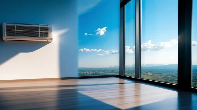 Modern interior with air conditioning unit, blue wall, large window, sunny sky view.