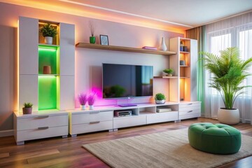 A living room with a tv and a tv with neon lights on the wall