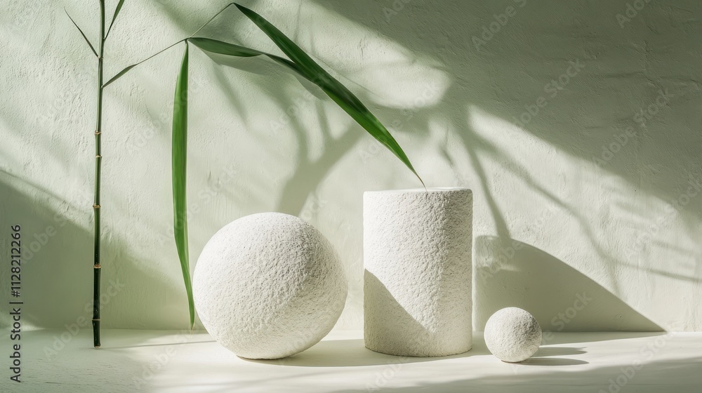 Aufkleber a minimalist arrangement of white geometric shapes and a green leaf on a soft background.