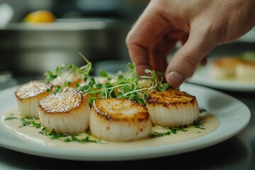 A chef garnishing seared scallops on a plate with sauce and microgreens.