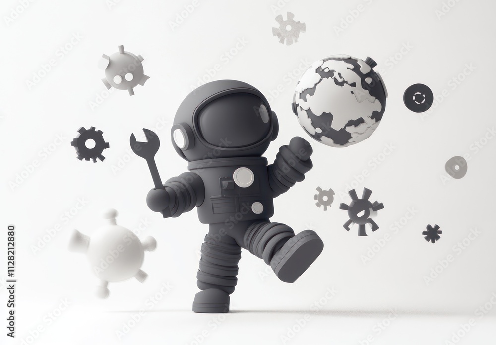 Aufkleber a playful astronaut figure holds a wrench and a globe, surrounded by abstract shapes.