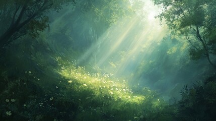 Fototapeta premium Sunlit Forest Glade With Wildflowers Blooming