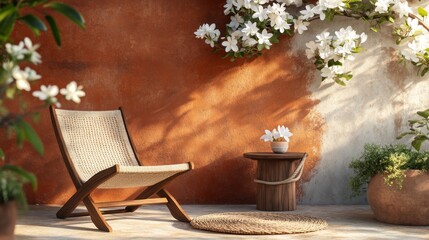Fototapeta premium A charming cafe terrace with terracotta walls, white frangipani flowers, teak furniture and rope details, including wooden chairs with woven seats and round oak side tables.