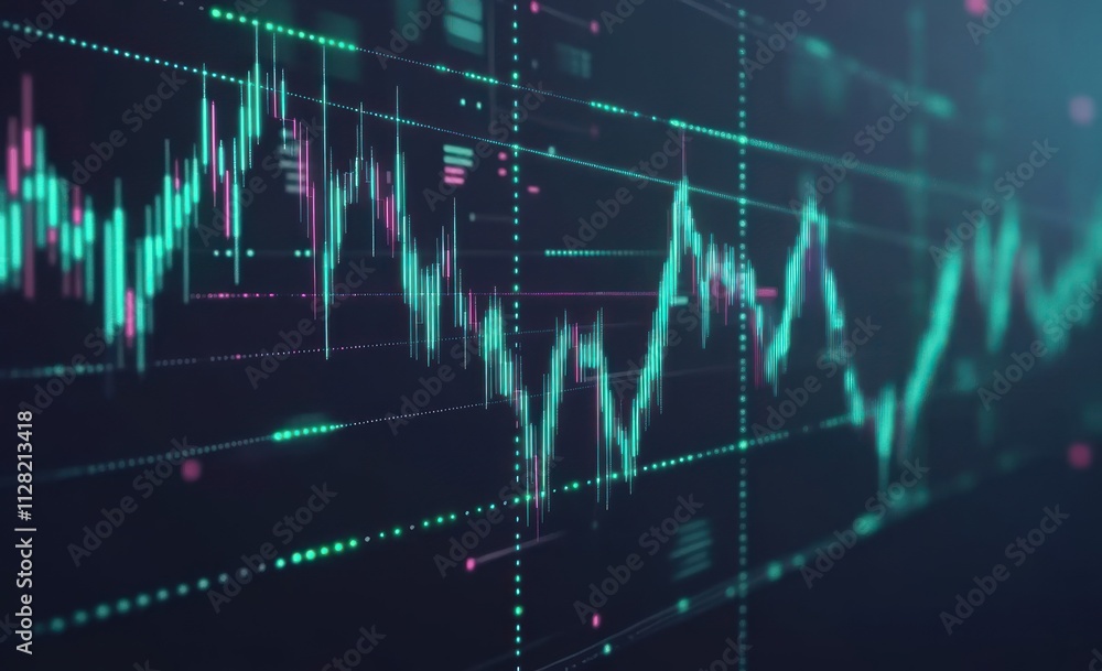 Poster Digital stock market chart displaying fluctuating prices and trading data.