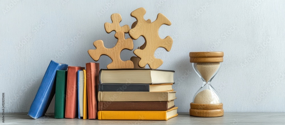 Poster a stack of books with puzzle pieces and an hourglass, symbolizing knowledge and time.
