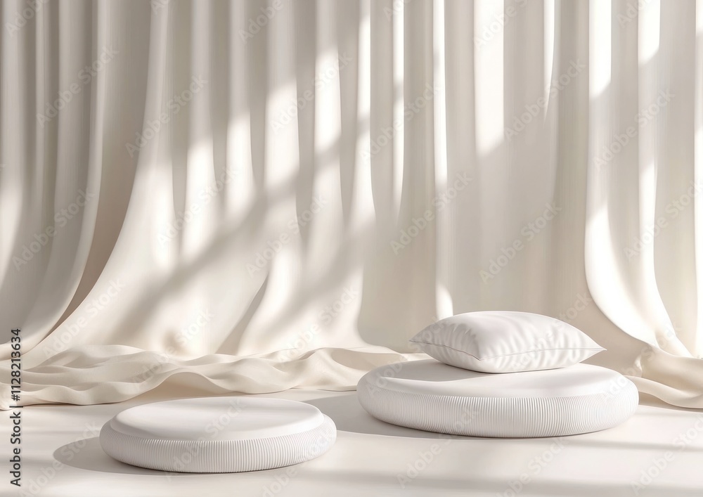 Poster a serene interior scene with soft cushions and draped fabric, creating a calm atmosphere.
