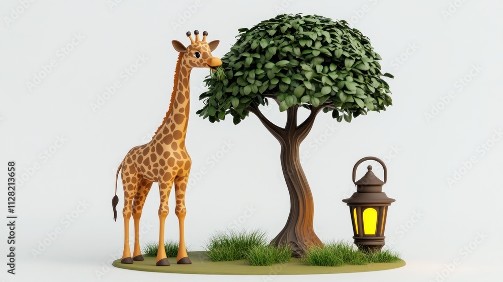 Poster a cartoon giraffe beside a leafy tree and a lantern in a whimsical setting.