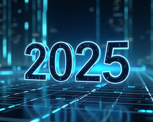 Futuristic Metallic Font 2025 with Neon Blue Highlights in Sci-Fi Grid for Modern High-Tech Visuals