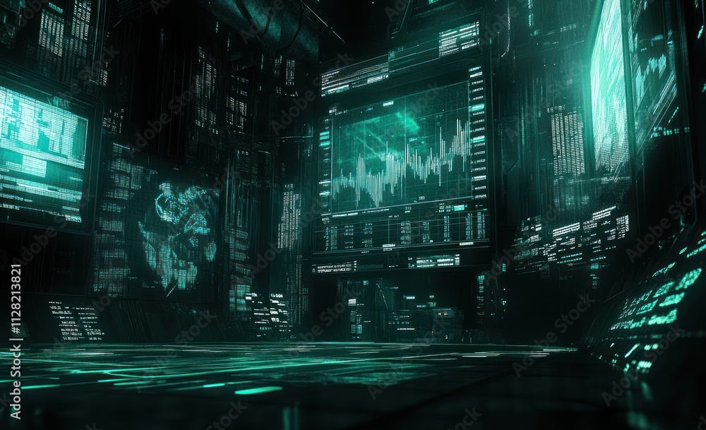 Poster Futuristic digital environment with holographic displays and data visualizations.