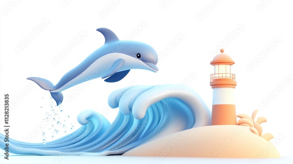 Poster a playful dolphin leaps near a lighthouse on a wave, creating a vibrant coastal scene.