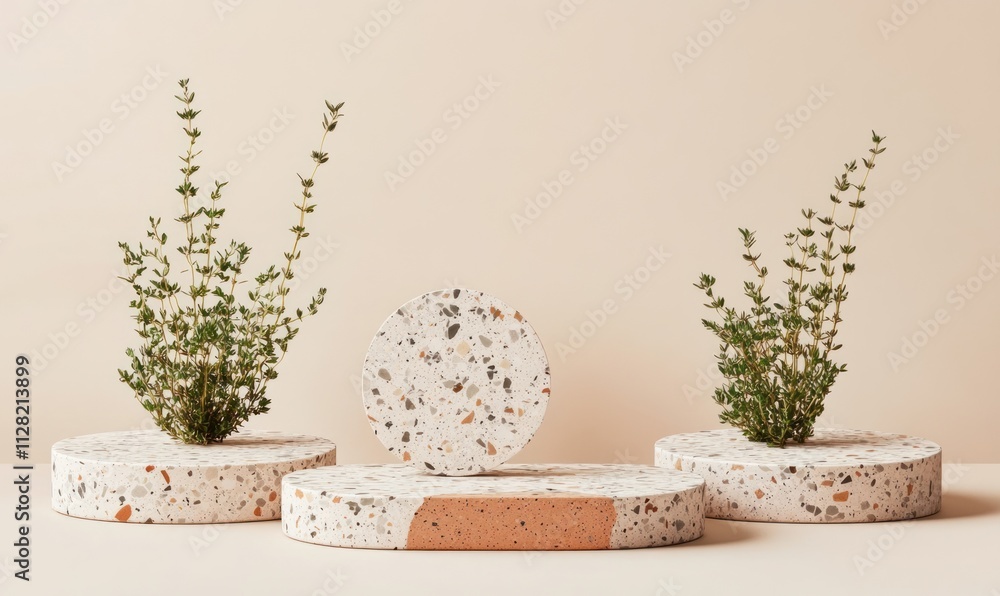 Aufkleber minimalist display of circular terrazzo bases with small plants.