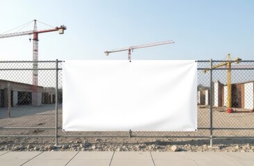 Mock up for construction business: blank white banner on a fence enclosing a construction site in the city center. In the background is a construction site, cranes, construction machines, an unfinishe