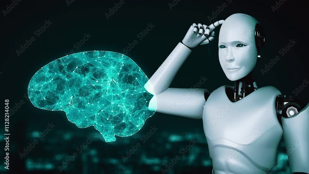 Poster thinking ai hominoid robot analyzing hologram screen showing concept of ai brain and artificial inte