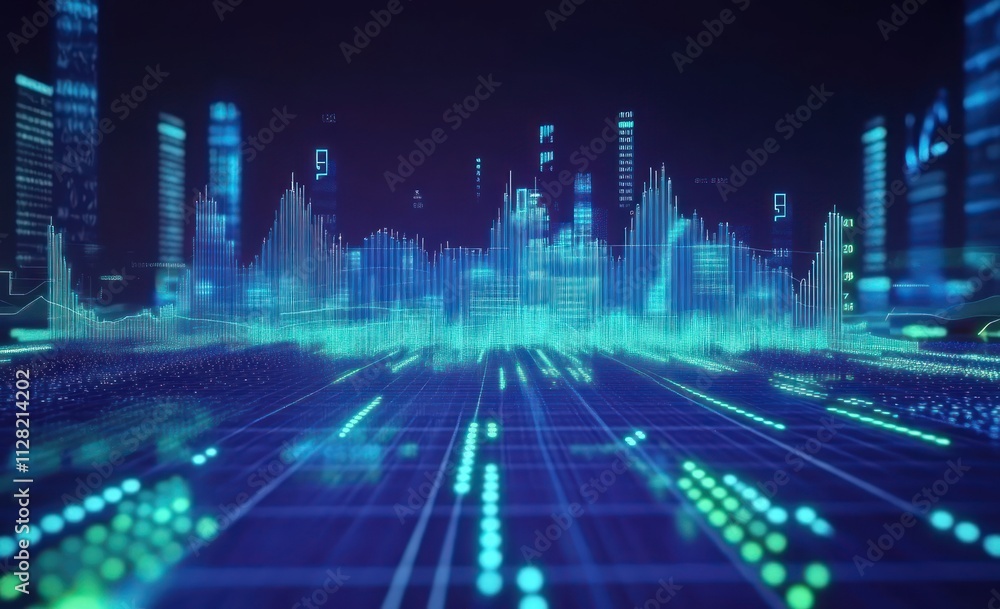 Aufkleber A digital cityscape with vibrant soundwave visualizations and data patterns.