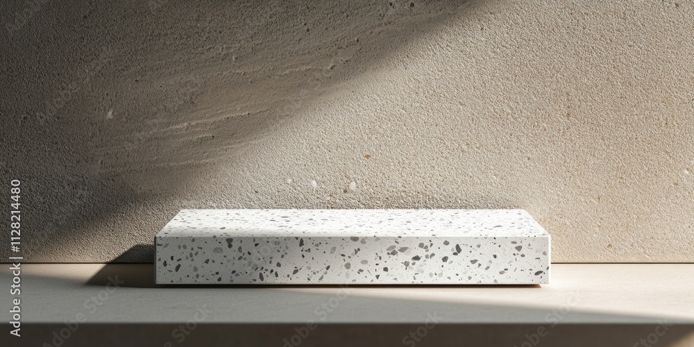 Poster A minimalist concrete object on a shelf, illuminated by soft light.